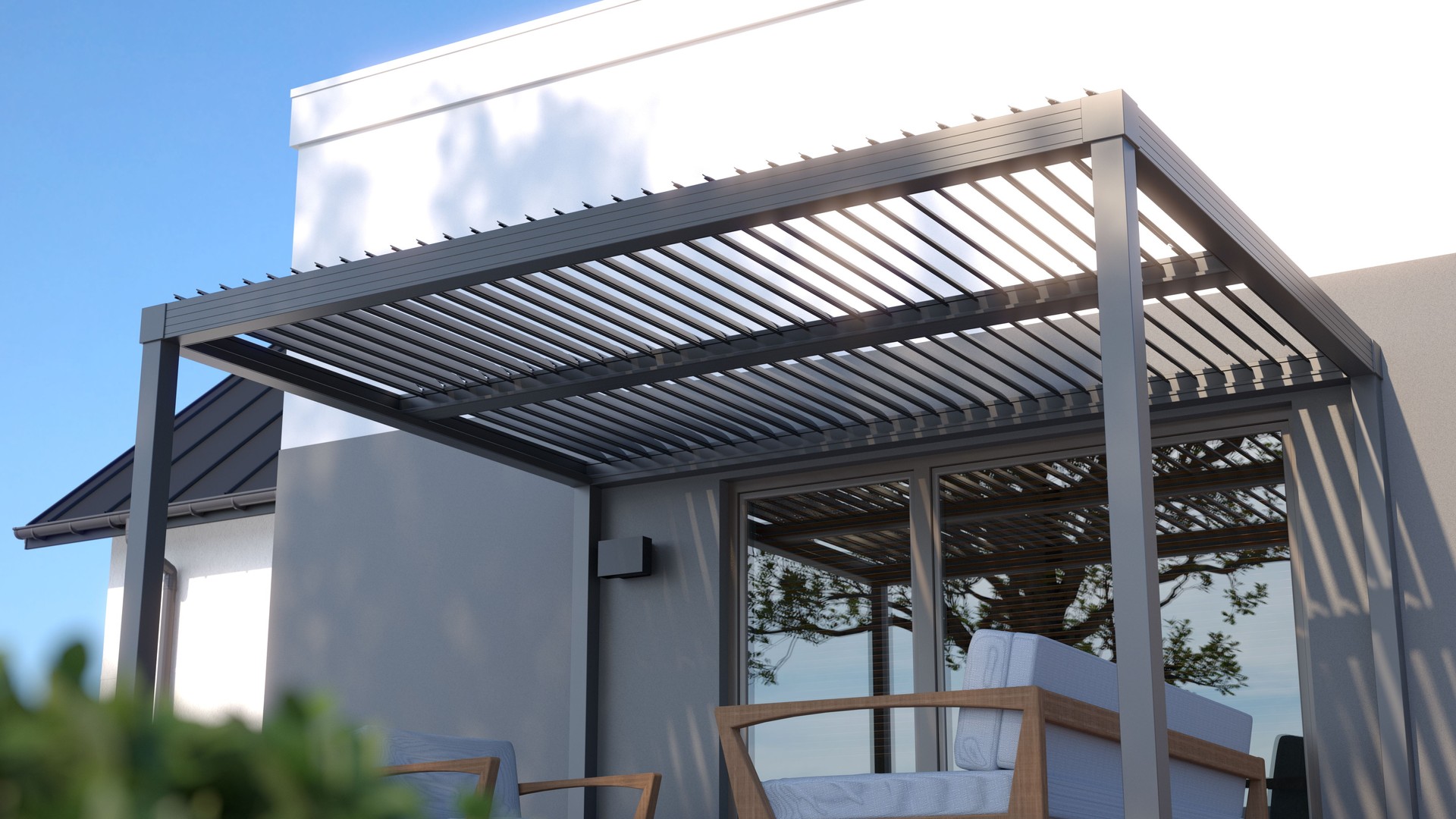Pergola over the terrace. 3D illustration.